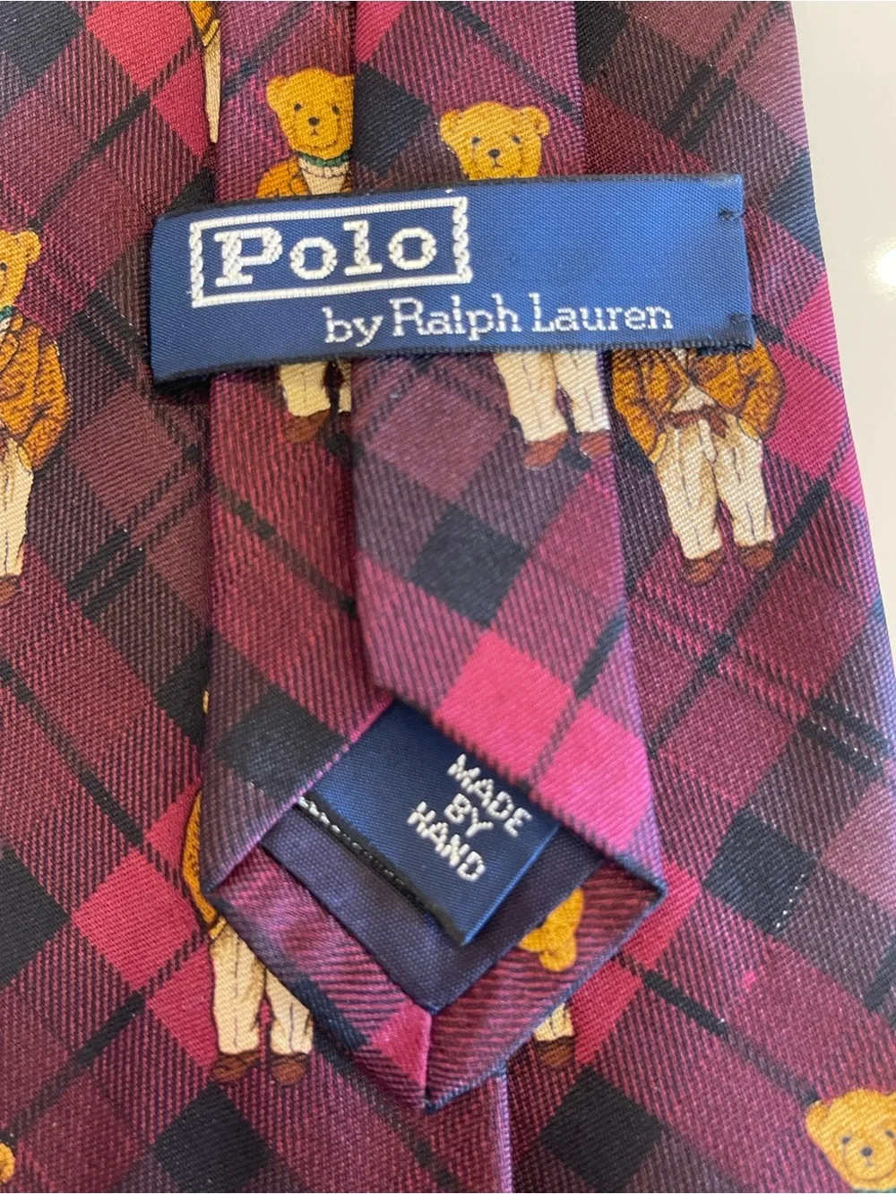 Vtg Polo Ralph Lauren Polo Bear Silk Tie Plaid Burgundy Purple Blazer Rare